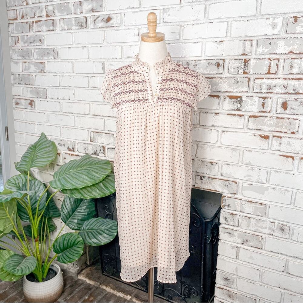 Pink & Burgundy Mock Neck Ruffle Sleeve Embroidered Polka/Swiss Dot Shift Dress